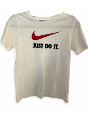 Nike White Short Sleeve Tee with Red Swoosh and Black Text